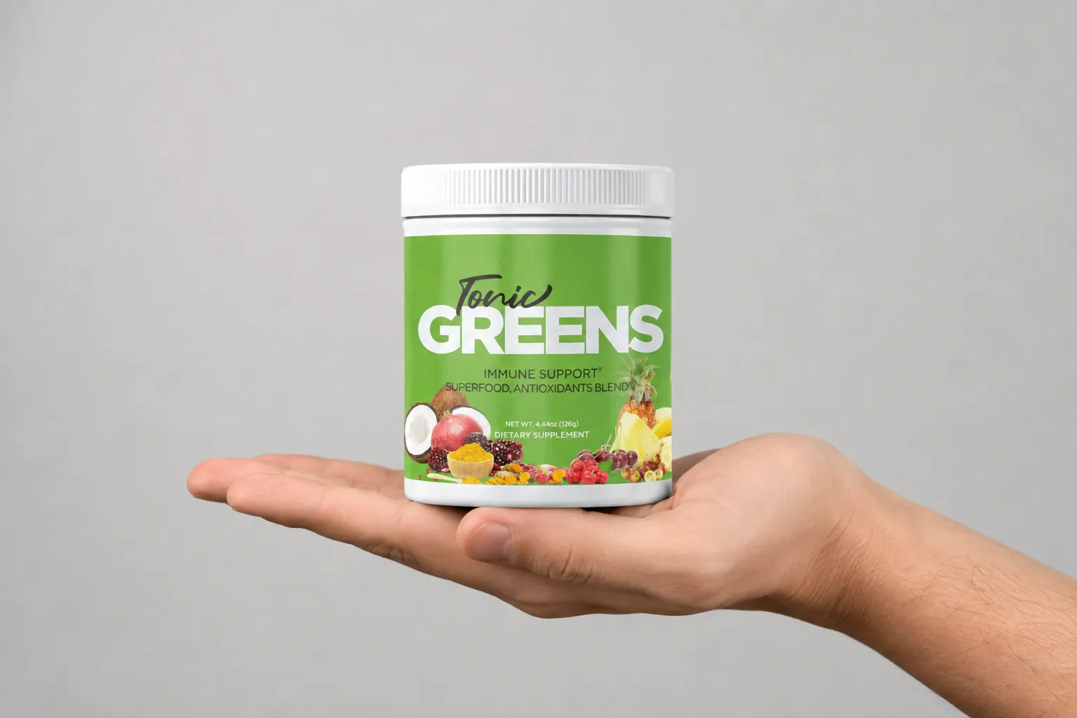 TonicGreens — the package held in a hand