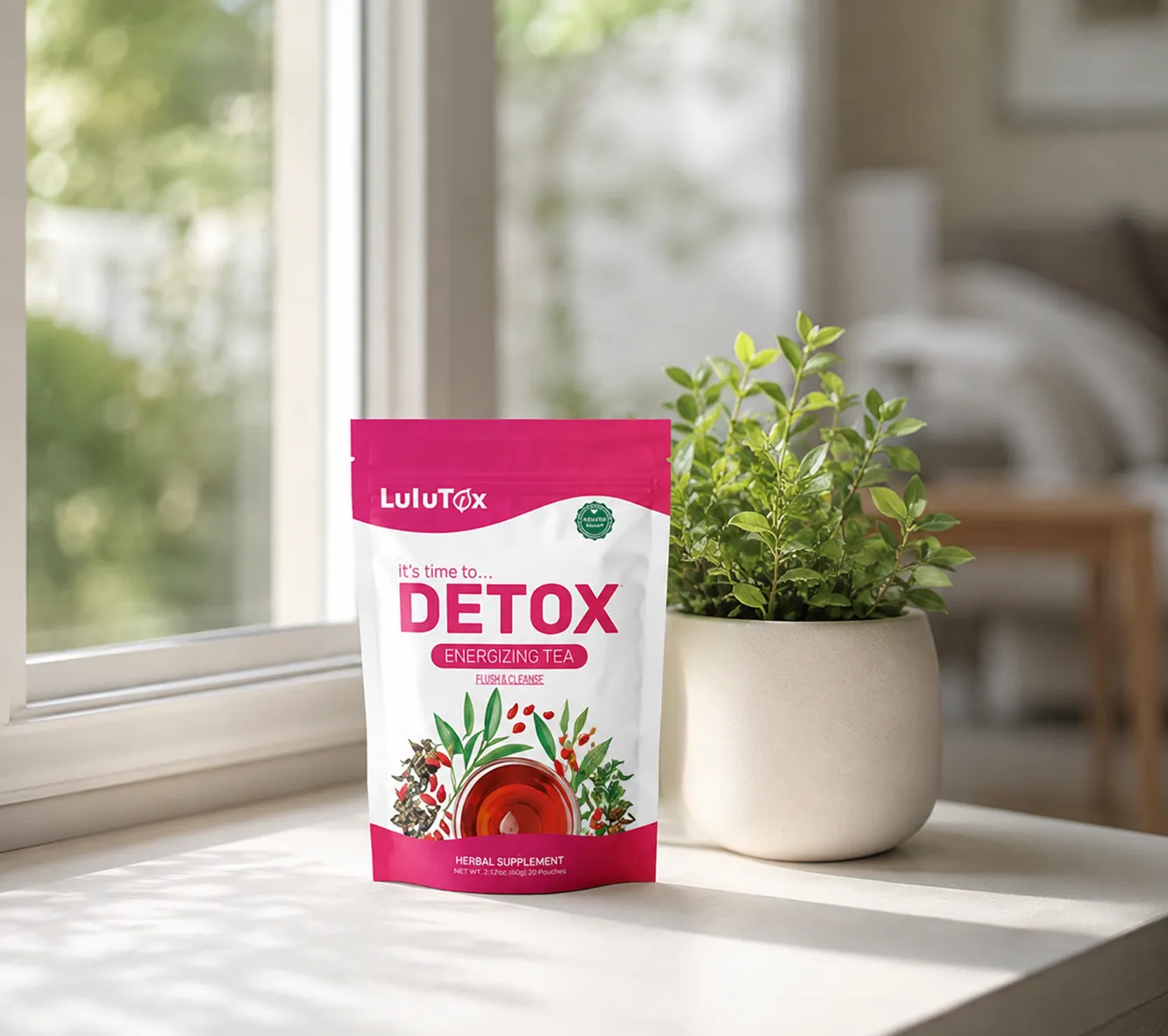 Lulutox Detox Tea — the package in everyday use