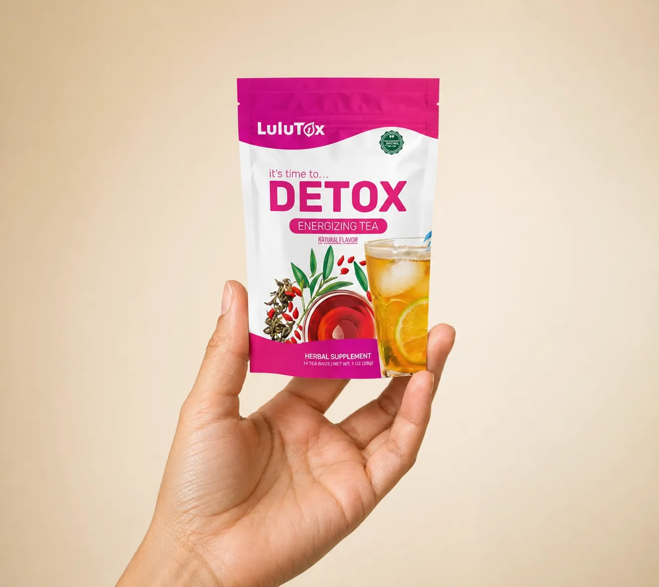 Lulutox Detox Tea — the package held in a hand